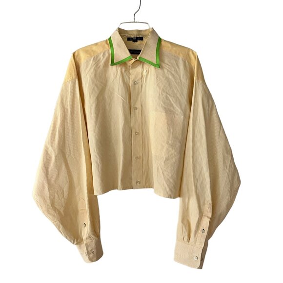 Custom Crop Tommy Hilfiger Button Up Green Ribbon Trim Shirt Yellow Pinstripe - Picture 1 of 10